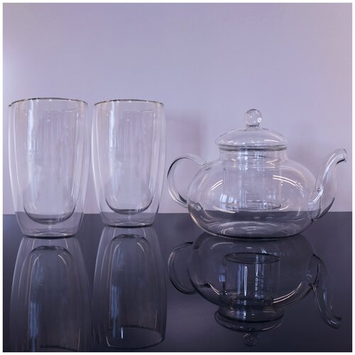 Набор чайный ЛiСТ (LIS51192) Чайник заварочный 600 мл со стеклянной фильтр-колбой, Стаканы с двойными стенками (термо) 350 мл 2 шт
