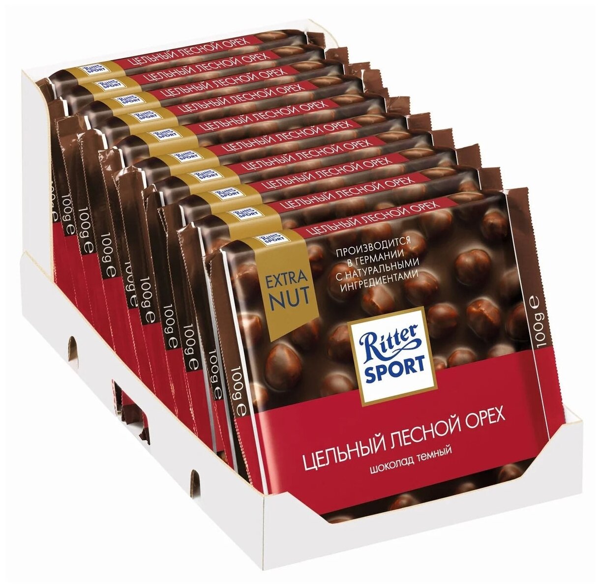 Ritter Sport Шоколад Extra Nut темный, с цельным лесным орехом 100 гр., флоу-пак 10 шт/уп.