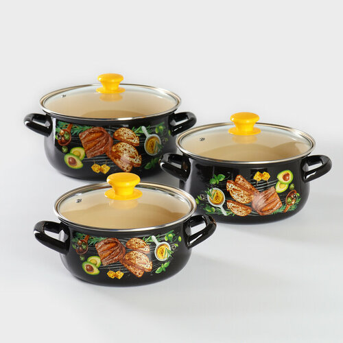 Набор кастрюль Чиабатта 3 предмета6 2 л 3 л 4 л стеклянные крышки 5837₽