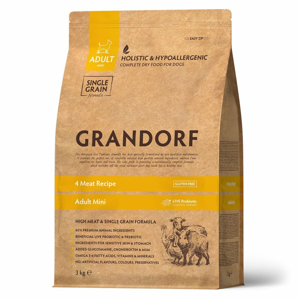 Корм сухой GRANDORF 4 Мяса для собак мини пород от 1 года. 3 кг С пробиотиками, гипоаллергенный.