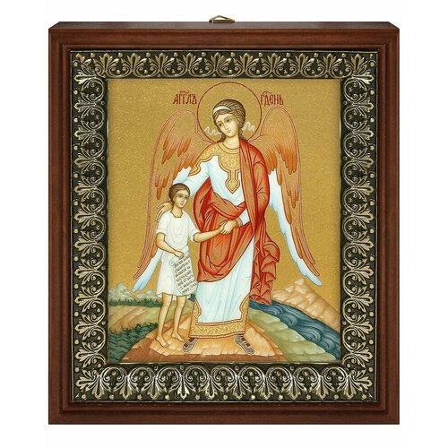 Икона Ангел Хранитель 5 на золотом фоне в рамке со стеклом (размер изображения: 13х16 см; размер рамки: 18х20,7 см).