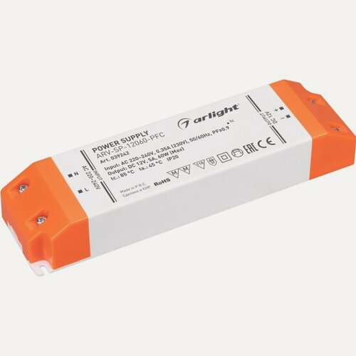Изображение товара Блок питания Arlight ARV-SP-12060-PFC (12V, 5A, 60W) (, IP20 Пластик, 5 лет)