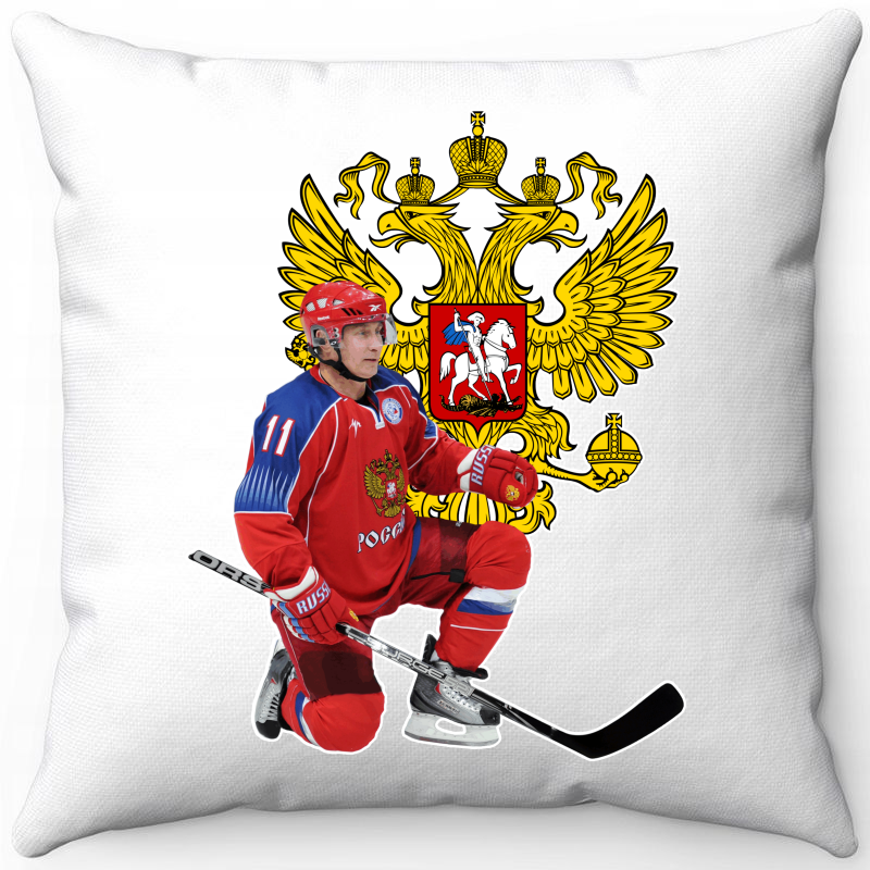 Подушка белая с Путиным хоккеистом 2 40х40