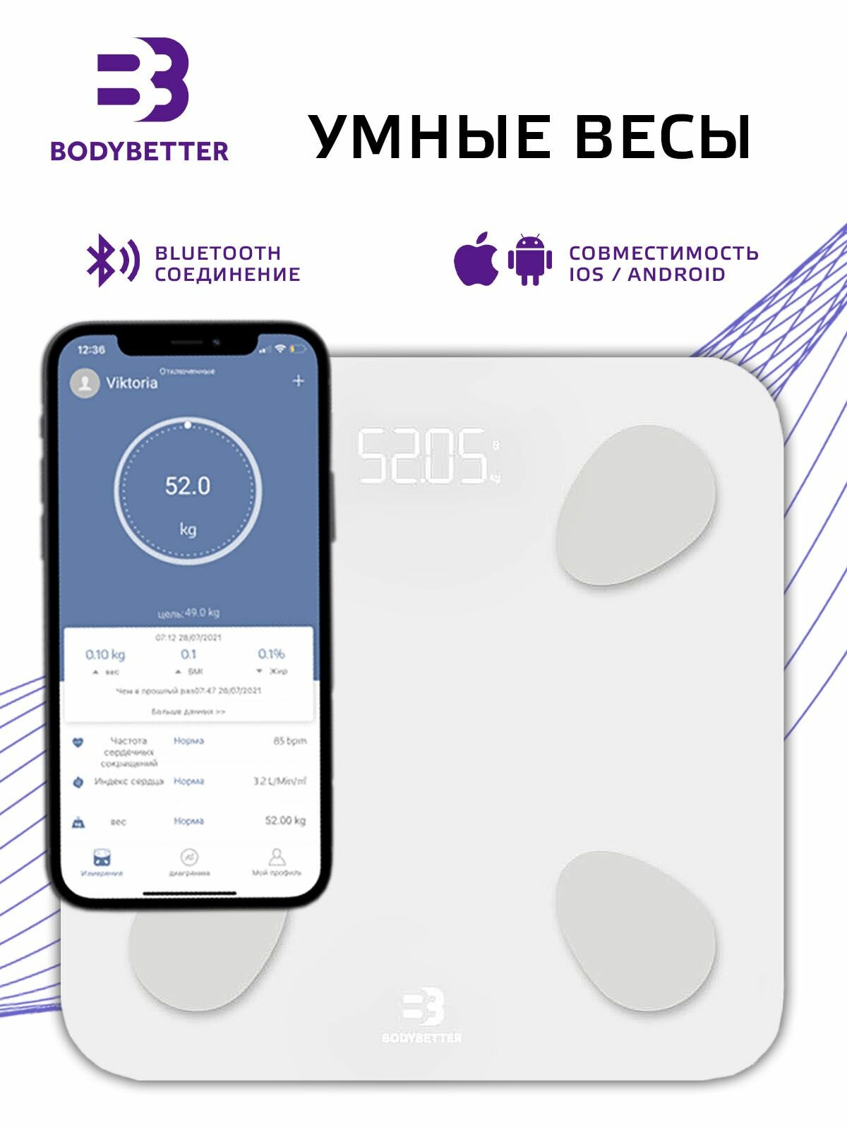 Умные весы Bodybetter BB-2010, Bluetooth, диагностика, белые