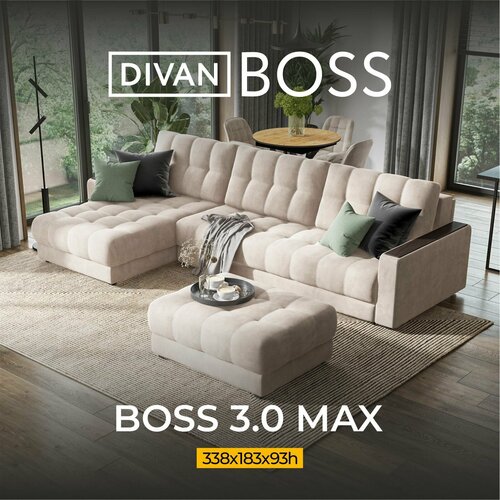 Диван угловой большой BOSS 3.0 MAX, раскладной, в гостиную, велюр Monolit латте, 338x183x93 см