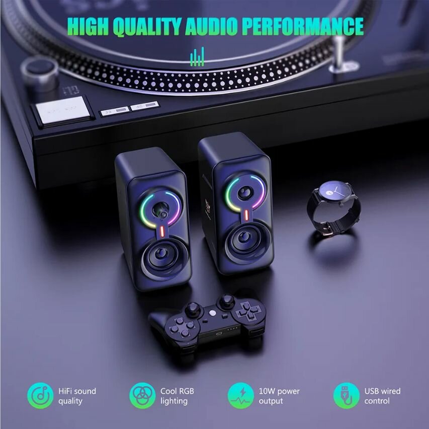 Колонки компьютерные Onikuma L6 c RGB подсветкой, 10 Вт , акустическая система 2.0, питание от USB, черный — фото 1