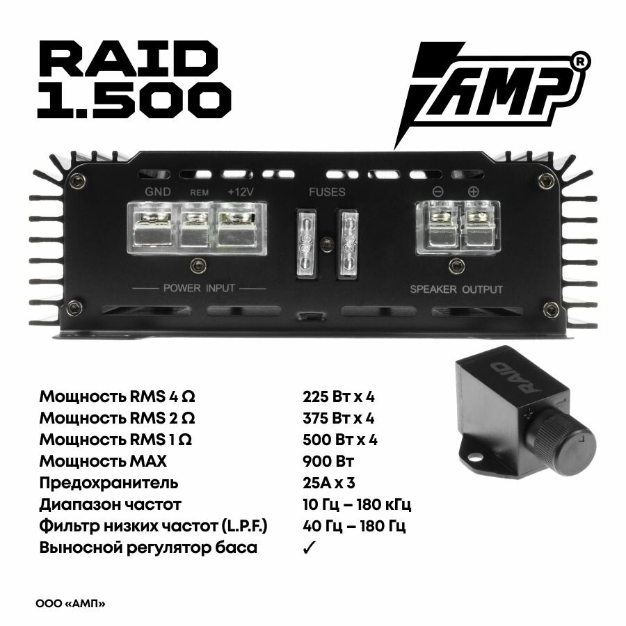 Усилитель автомобильный AMP RAID 1.500, с установочным комплектом, 1 канал — фото 1