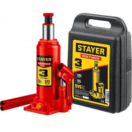 Домкрат бутылочный гидравлический STAYER RED FORCE, 3т, 194-375 мм в кейсе (43160-3-K)