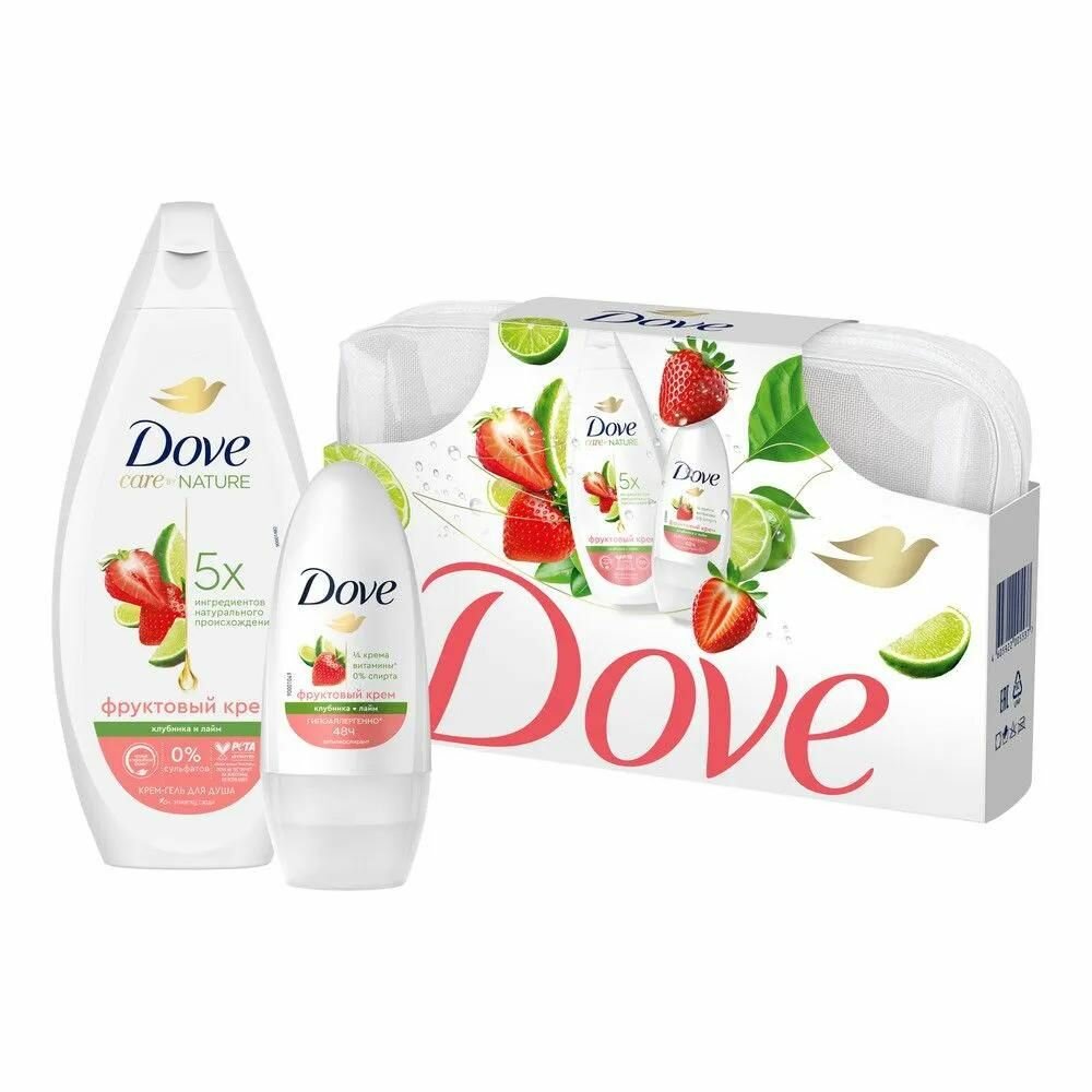 Подарочный косметический набор Dove Клубничный крем, гель для душа 250 мл, дезодорант 50 мл, косметичка