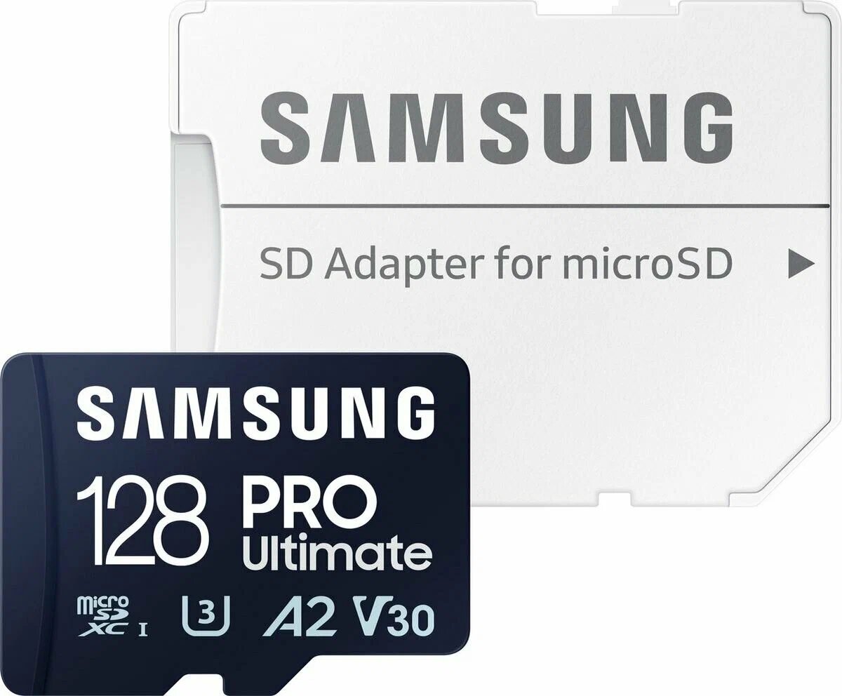 Карта памяти Samsung Pro Ultimate microSDXC 128GB Class 10, V30, A2, UHS-I U3, R 200 МБ/с, адаптер на SD