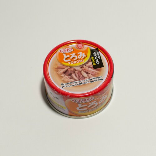 Влажный корм для кошек Inaba Ciao Toromi куриное филе и тунец магуро со вкусом морского гребешка в бульоне ж/б 80 г, 6 шт