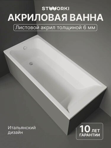 Изображение товара Акриловая ванна STWORKI Стокгольм 180x80, с каркасом, пристенная, встраиваемая, белая, глянцевая, прямоугольная