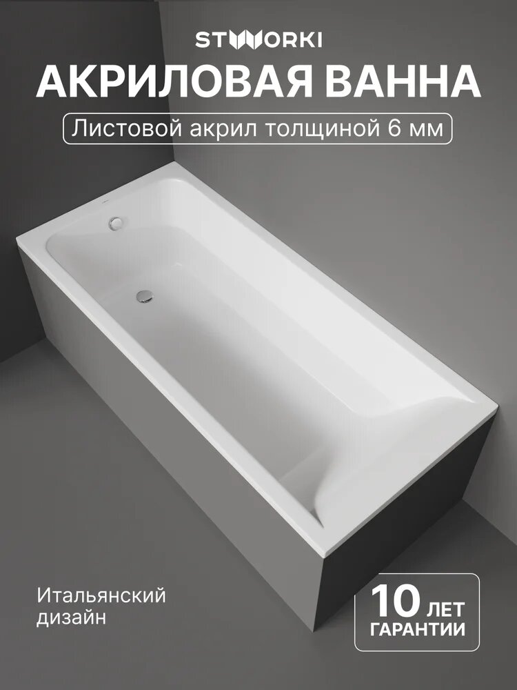 Акриловая ванна STWORKI Стокгольм 180x80 с каркасом пристенная встраиваемая белая глянцевая прямоугольная