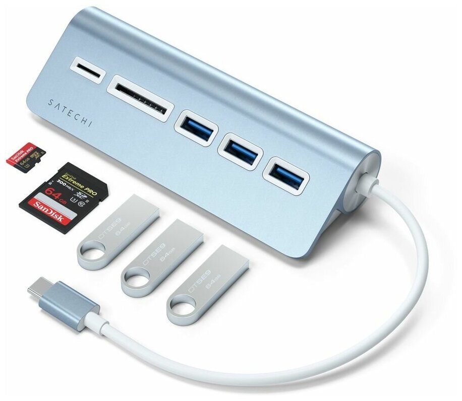 USB-хаб и картридер Satechi Type-C Aluminum USB 3.0 Hub & Card Reader (ST-TCHCRB) голубой