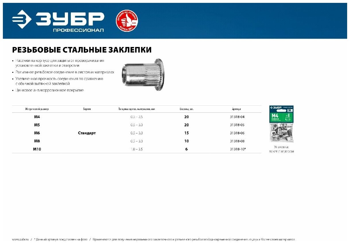 Резьбовые заклепки ЗУБР Профессионал с насечками стальные стандартный бортик М6 15 шт. (31318-06)