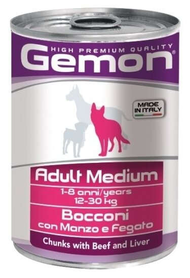 Gemon Dog Medium консервы для собак средних пород (кусочки) Говядина и печень, 415 г.