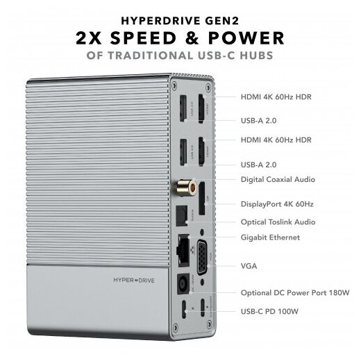 Док-станция Hyper HyperDrive GEN2 18-in-1, 2xHDMI, DP, VGA, 2xUSB 3.0, 3xUSB 2.0, USB Type-С, USB Type-С PD (100W), Toslink, Coaxial, 3.5mm Jack, GLAN, MicroSD/SD, 180W, серебристый (HD-G218)