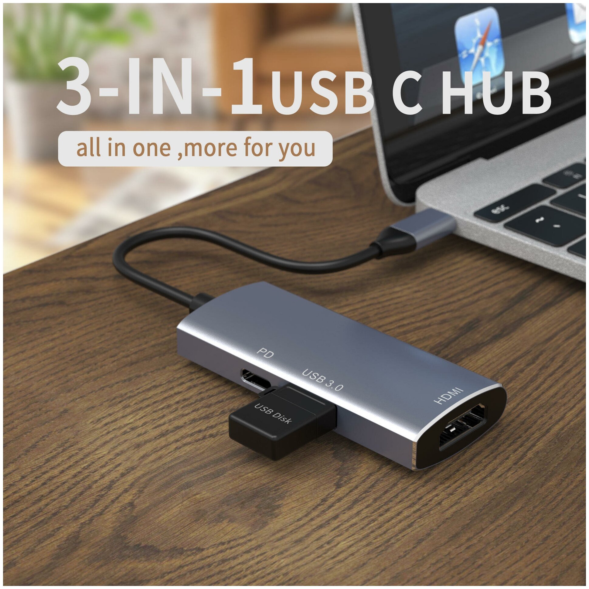 Хаб USB-концентратор 3-в-1 Multifunctional Type-C Gray