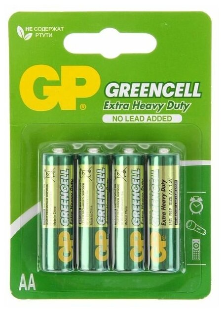 GP Батарейка солевая GP Greencell Extra Heavy Duty AA R6-4BL 1.5В блистер 4 шт.