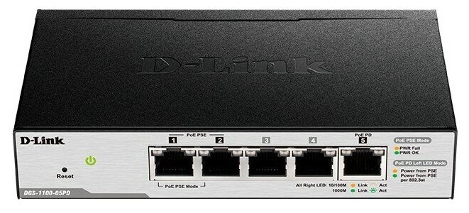 D-Link Сетевое оборудование DGS-1100-05PDV2 A1A Настраиваемый L2 коммутатор с 5 портами 10 100 1000Base-T 2 порта PoE, 1 порт для питания