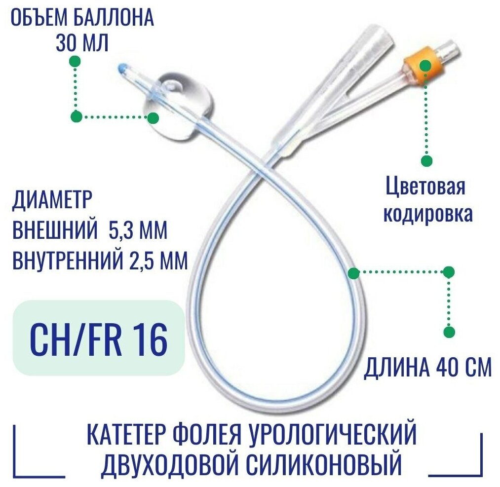 Катетер Фолея Alba силиконовый двухходовой для взрослых [16 Fr 40 см 30 мл.]