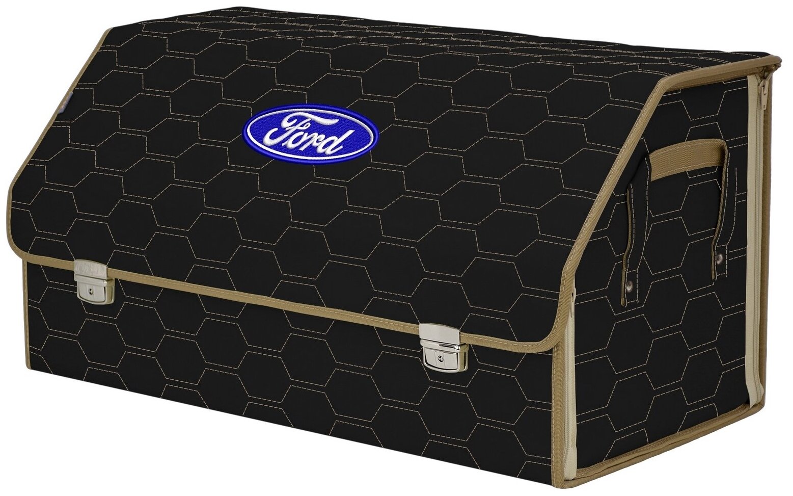 Органайзер-саквояж в багажник "Союз Премиум" (размер XL Plus). Цвет: черный с бежевой прострочкой Соты и вышивкой Ford (Форд).
