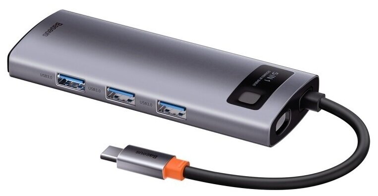 Переходник BASEUS Metal Gleam Series 5-in-1, Разветвитель, Type-C - USB3.0 + PD + 4K HD, серый