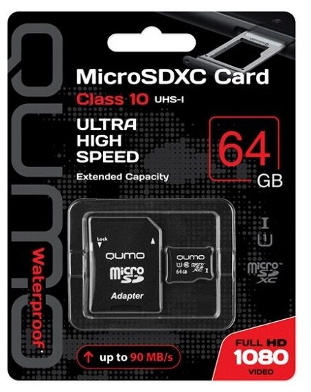 Карта памяти Qumo MicroSDXC 64Gb Сlass 10 UHS-I + ADP (QM64GMICSDXC10U1)
