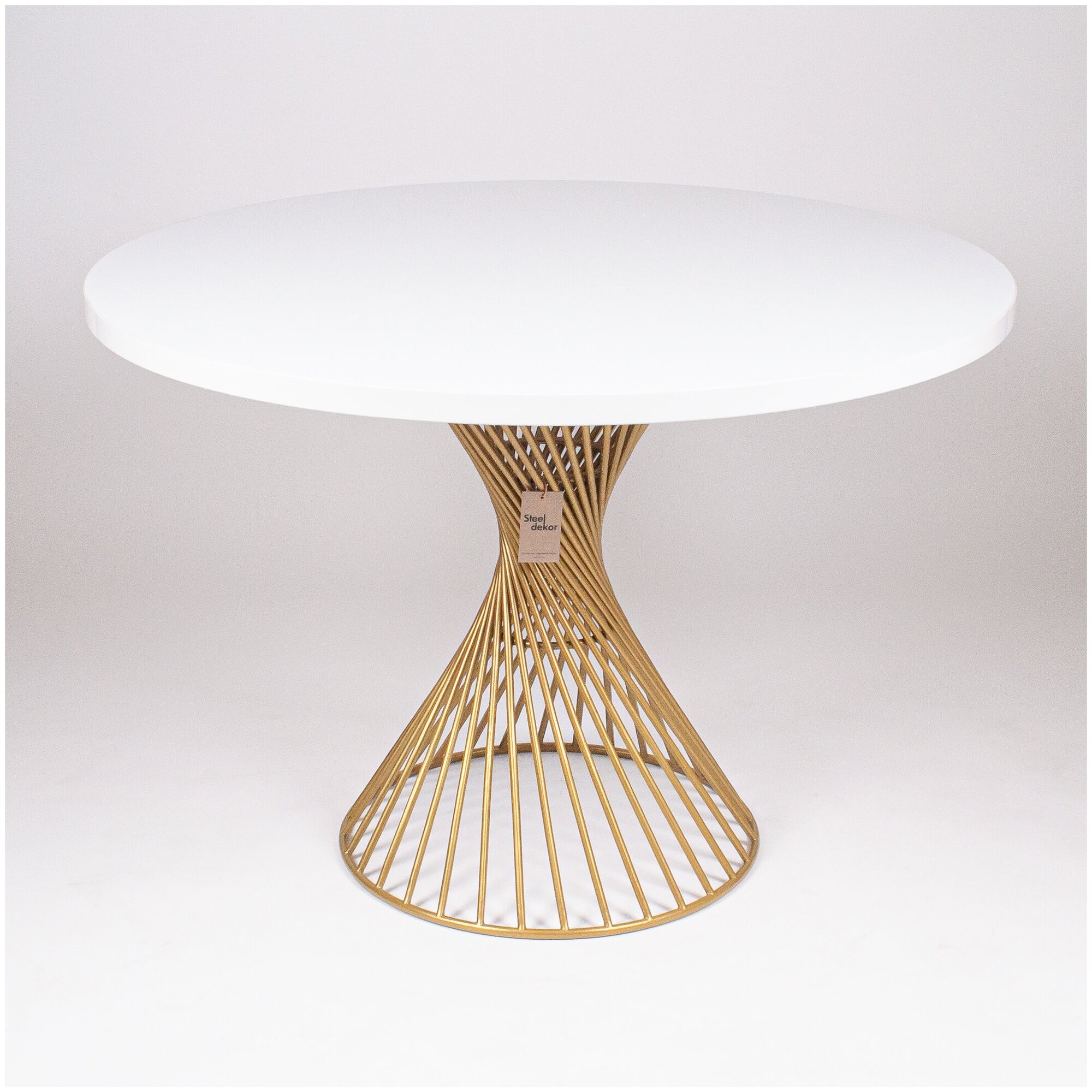 Стол кухонный круглый с белой столешницей, золотой ножкой из прутьев, диаметр столешницы 110 см, от бренда Steel Dekor