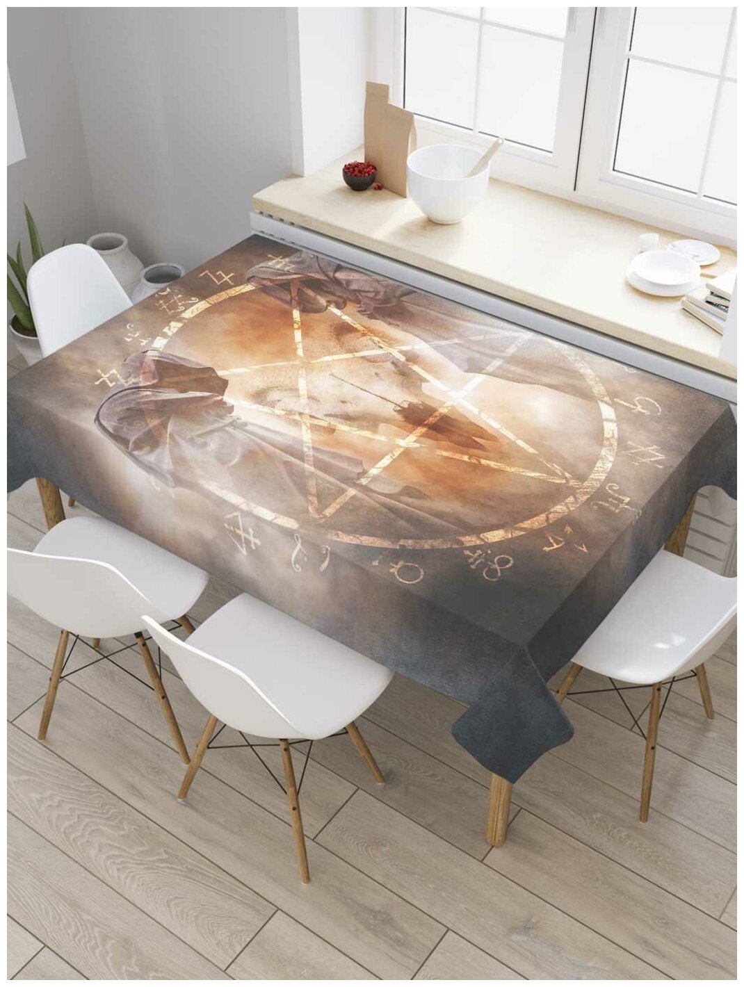 Прямоугольная водоотталкивающая тканевая скатерть на стол JoyArty с рисунком "Демонический ритуал" 145 на 180 смсерый, темно-серый