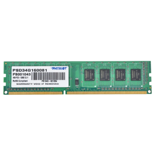 Оперативная память для компьютера 4Gb (1x4Gb) PC3-12800 1600MHz DDR3 DIMM CL11 Patriot PSD34G160081S