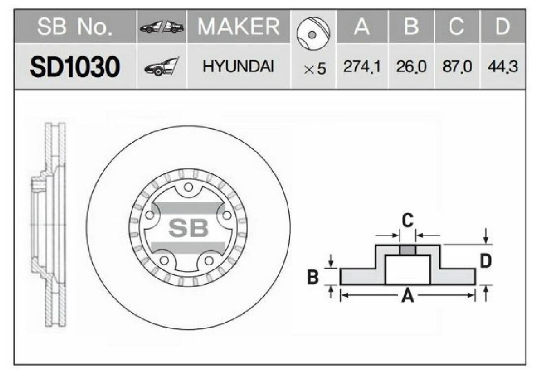Диск тормозной передний Серия: HI-Q Диаметр:274мм. HYUNDAI H-1/STAREX (A1), H100 (HR), SANGSIN, SD1030
