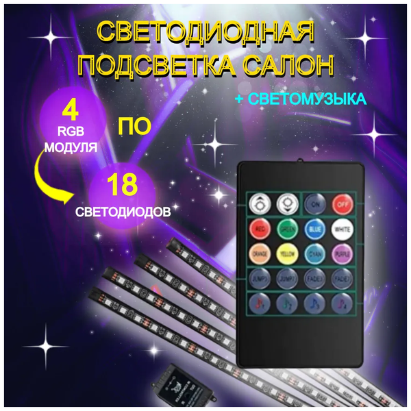 Светодиодная автомобильная подсветка салона с ИК-пультом и цветомузыкой на 72 диода