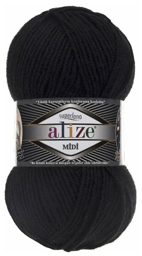 Пряжа Alize Superlana Midi, 25 % шерсть, 75 % акрил, 100 г, 170 м, 5 шт., 60 черный