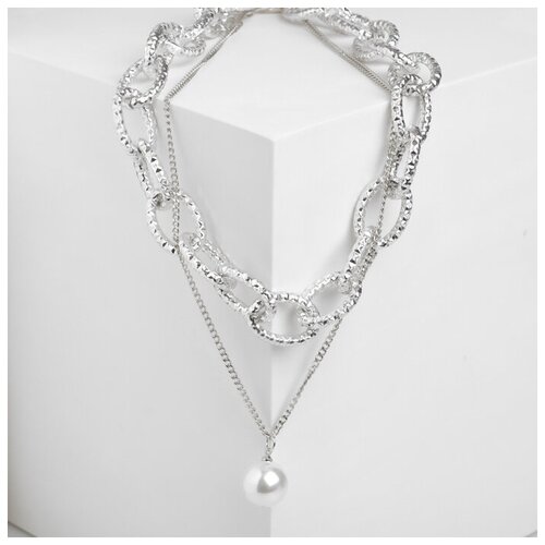 фото Кулон "цепь" кольца с бусиной, цвет белый в серебре , длина 45см qwen