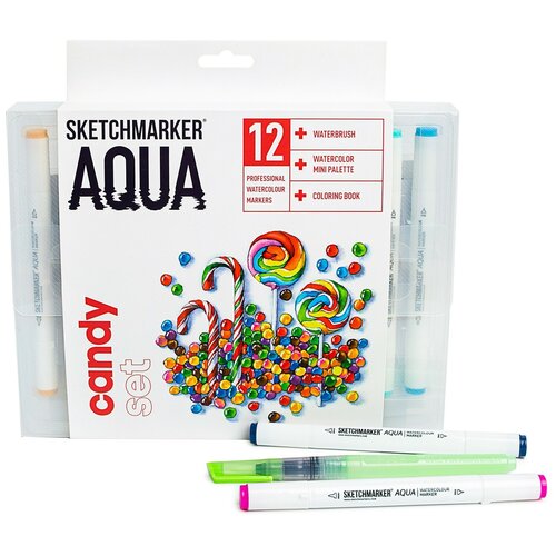 Купить Набор двухсторонних акварельных маркеров Sketchmarker Aqua Candy 12 цветов в пластиковом кейсе-пенале