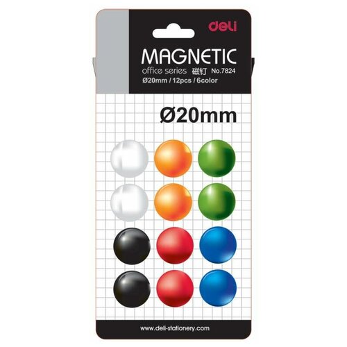 Купить Магнит Deli E7824 для досок ассорти d20мм круглый (упак.:12шт), голубой/черный/красный/зеленый/белый/оранжевый