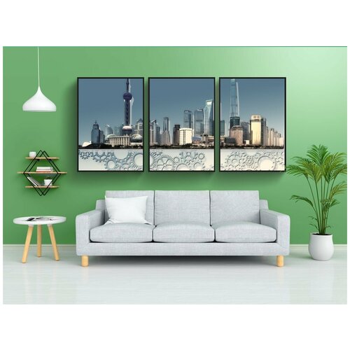 фото Набор модулных постеров для интерьера "линия горизонта, город, шестерни" 60x90 см. в тубусе, без рамки lotsprints