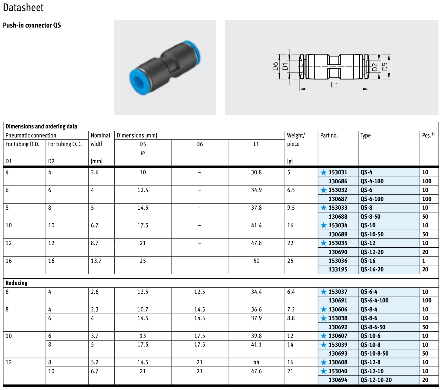 Муфта цанговая прямая Festo 130608 QS-12-8 переход с трубки 12 на 8 мм