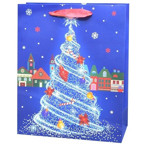 фото Пакет подарочный, новогодняя елочка, волшебные искры, синий, с блестками, 44*31*12 см, 1 шт. дон баллон