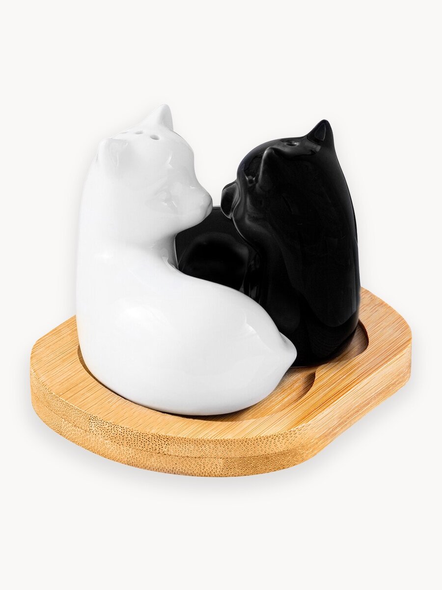 Набор для специй 2 предмета Elan Gallery Кошки черно-белые на деревянной подставке