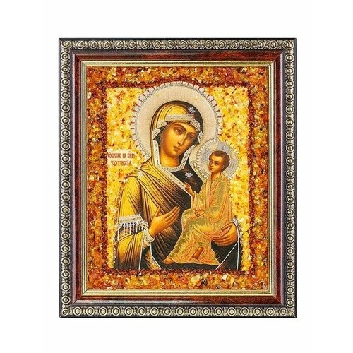 Икона Тихвинской Богоматери, украшенная натуральным янтарём