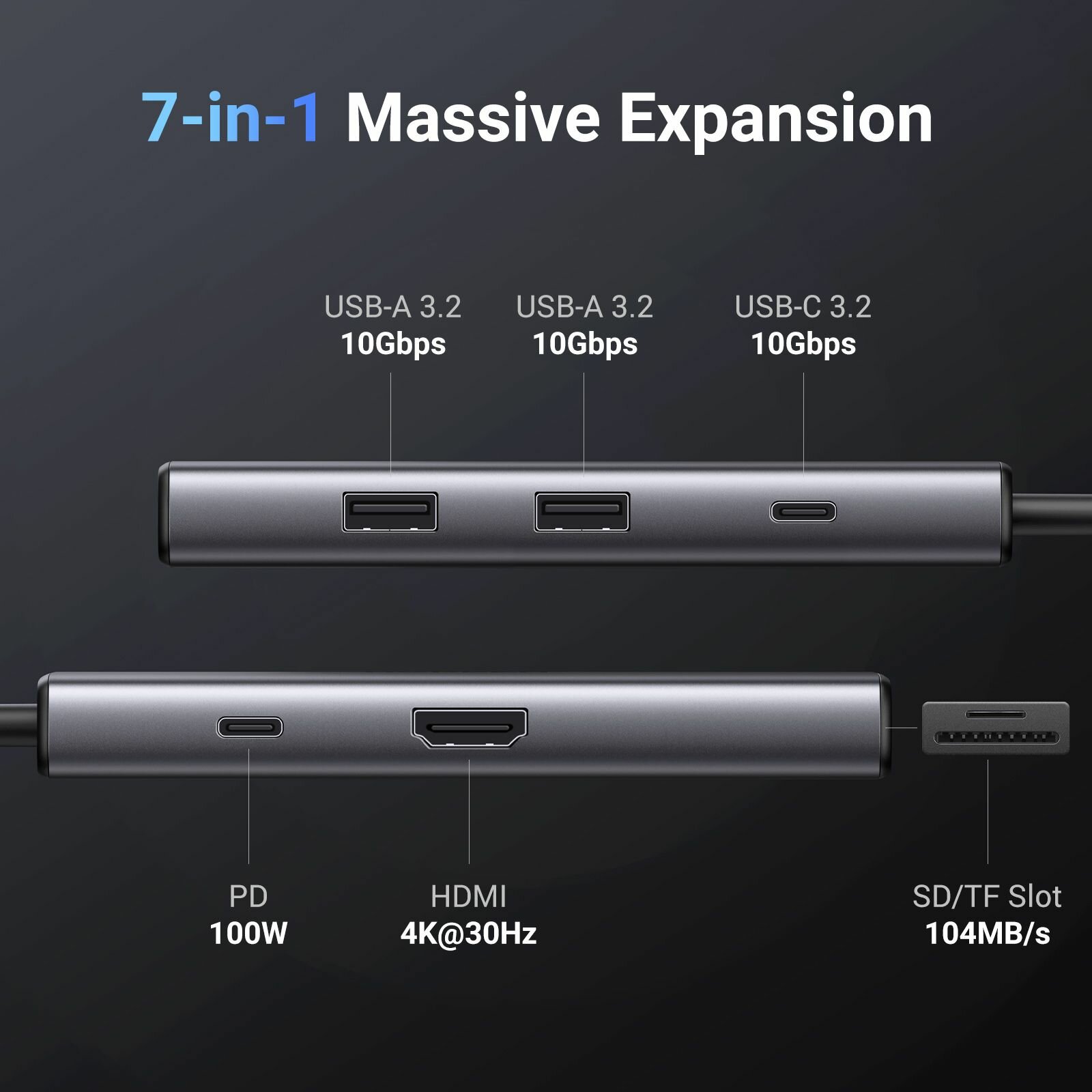 Конвертер UGREEN USB-C To 3*USB 3.0 A+HDMI+VGA+RJ45 Gigabit+SD/TF+AUX3.5mm+PD Converter. Цвет: серый - фото №10