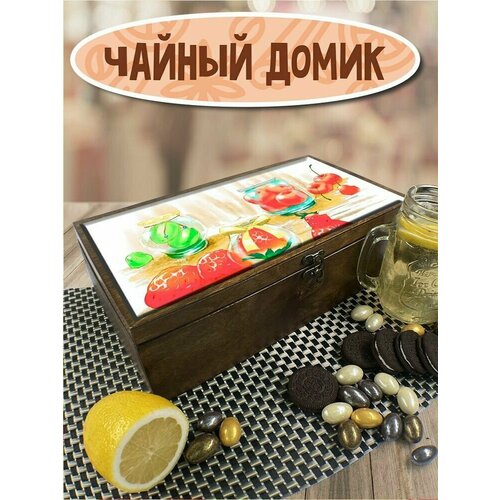 Коробка для чайных пакетиков, Чайница из дерева УФ, 4 отделения с принтом эстетика клубника - 46