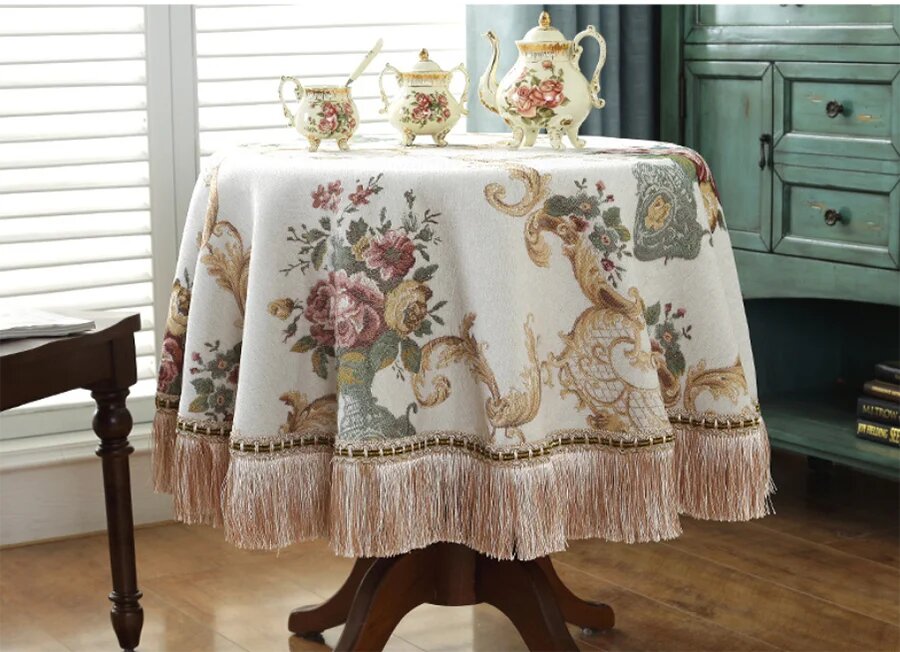 Круглая шенилльная скатерть с кисточками, beige, 140cm round