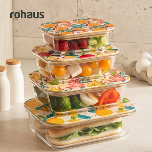 Набор стеклянных контейнеров для еды Rohaus с цветной крышкой из бамбука 4 штуки: 370мл, 650мл, 1000мл, 1500мл