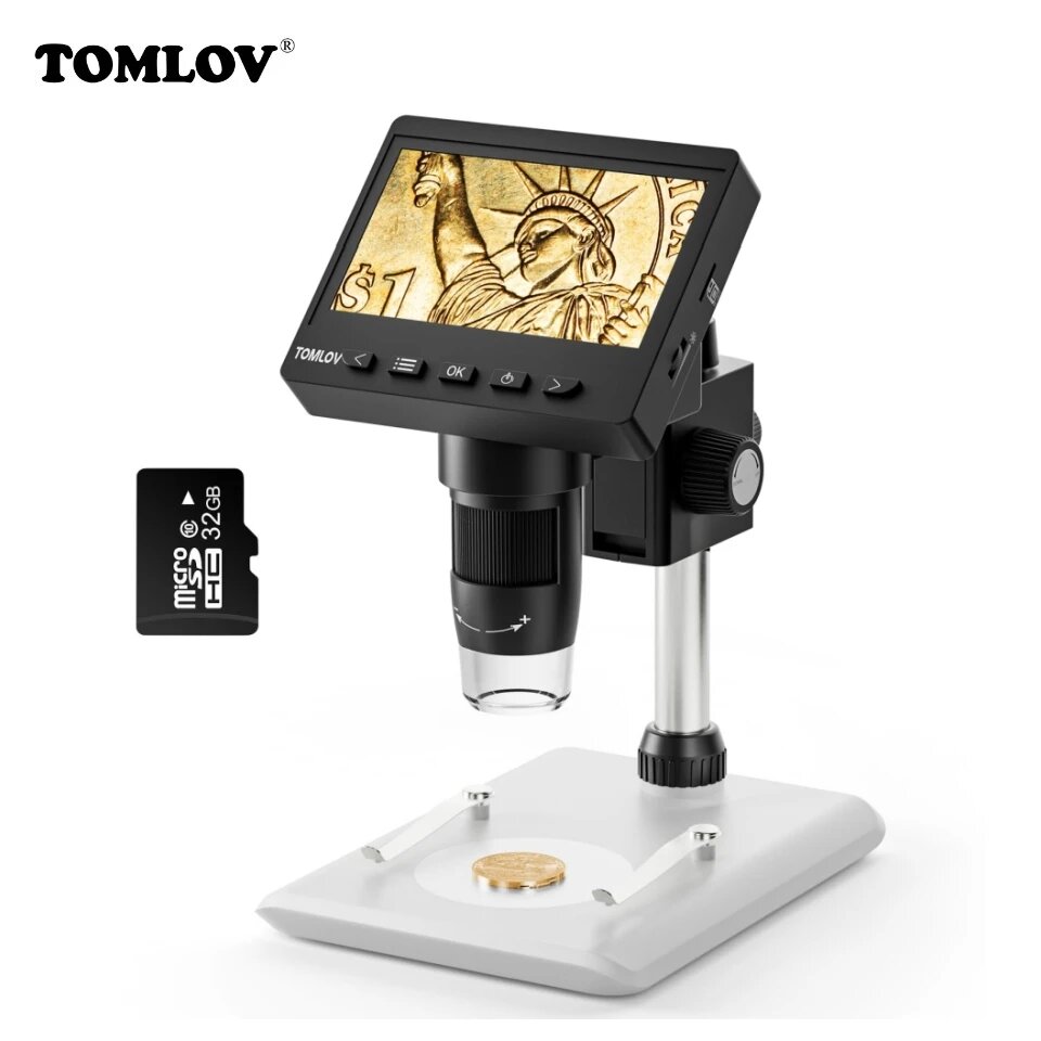 TOMLOV Цифровой микроскоп 4,3 дюйма для монет 500X-1500X, Черный, 1000X