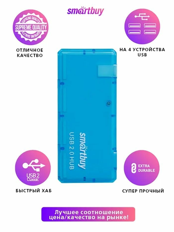 USB HUB, хаб на 4 порта USB 2.0 (SBHA-6110-B) голубой