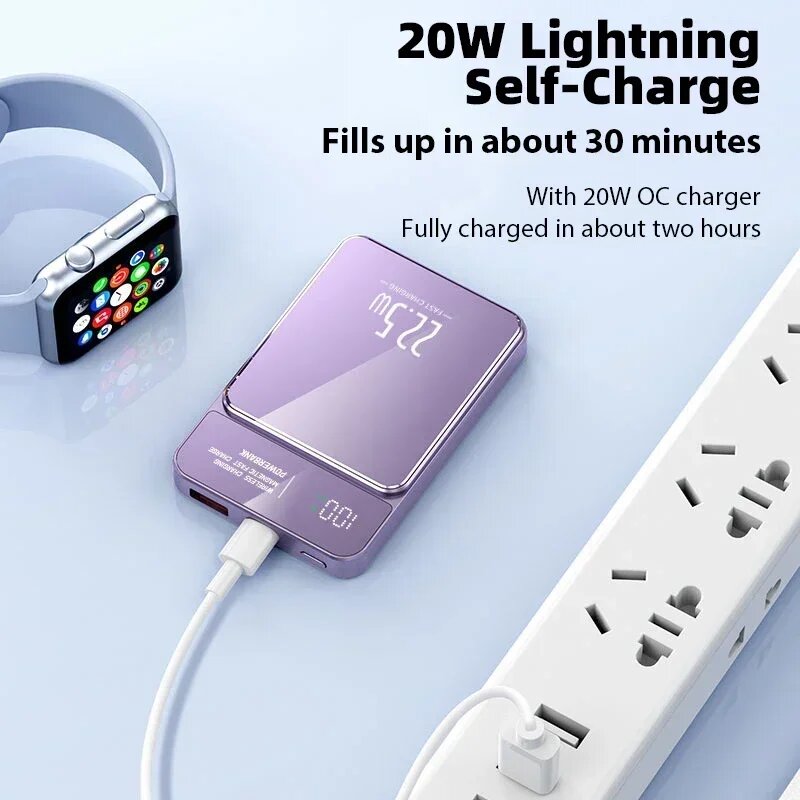 Xiaomi 50000 мАч Power Bank Магнитное беспроводное зарядное устройство Qi Magsafe 22,5 Вт Супер быстрая зарядка Powerbank для iPhone Samsung Huawei, Blue 50000mAh — фото 1