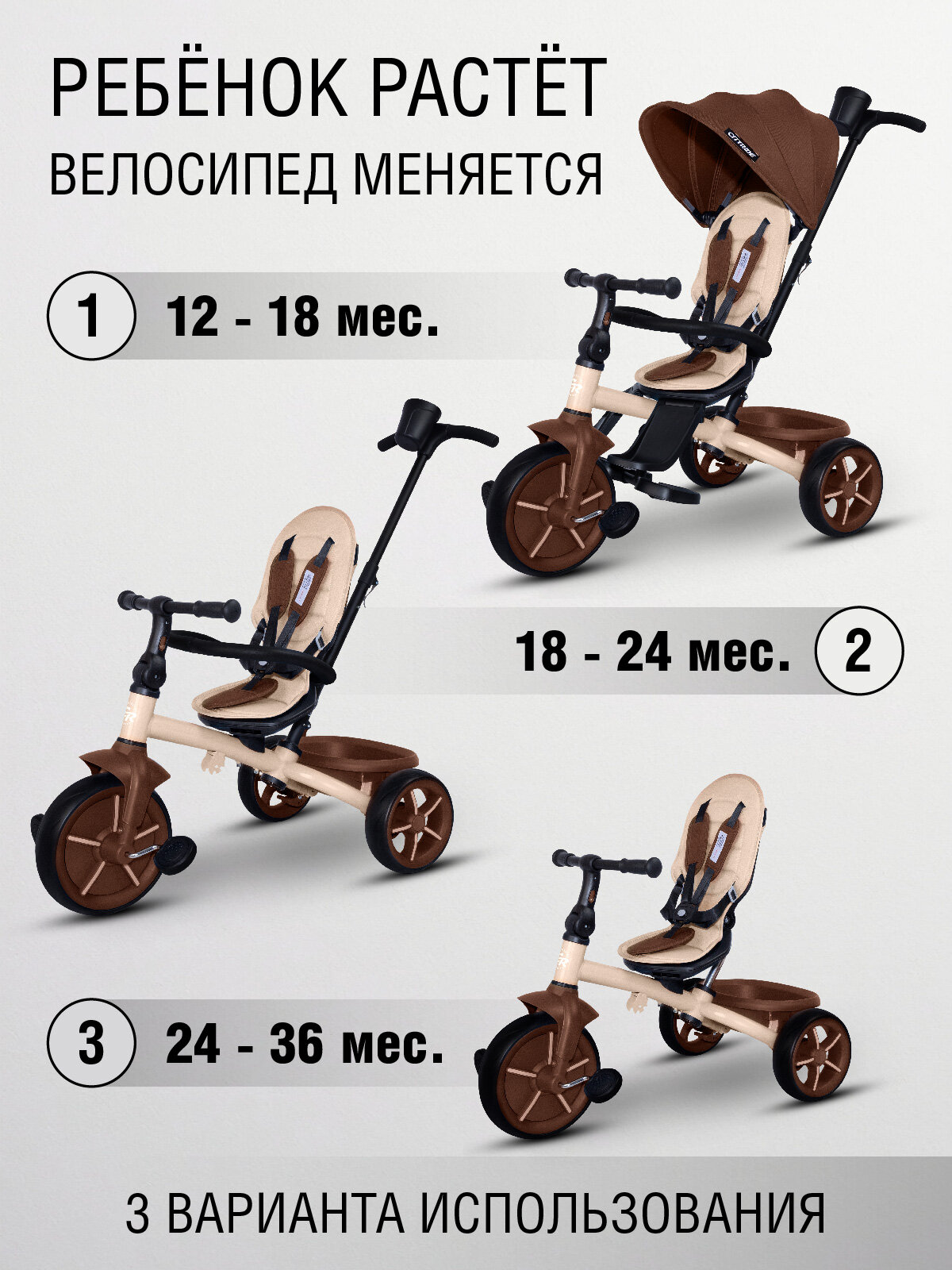 Велосипед детский трехколесный CITYRIDE XTERRA, складная крыша, колеса EVA 11"/9", CR-B3-12PB — фото 1